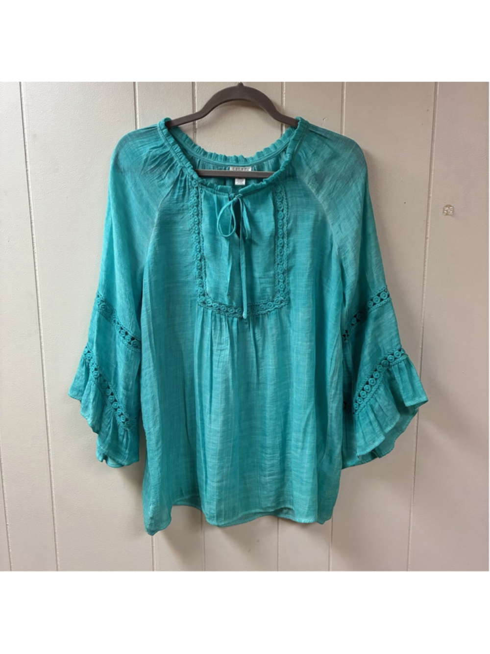 Spense Turquoise Boho Gauzy Fabric Blouse MEDIUM Ruffle Autumn Coastal Artsy
